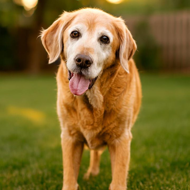 Biscuit with a grey muzzle, AI portrait